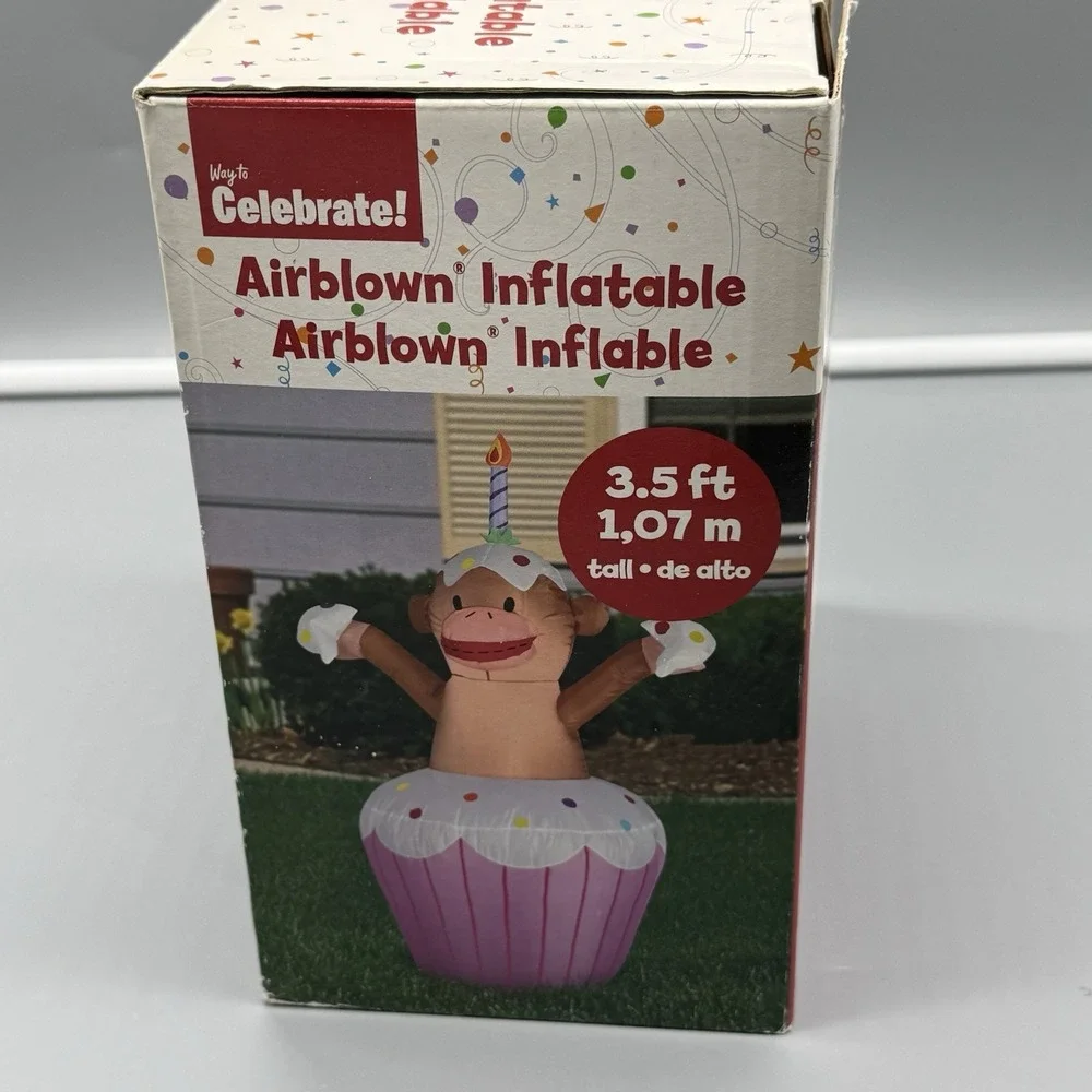GEMMY Way To Celebrate Birthday Cupcake Monkey Lighted Inflatable 3.5 FT Yard